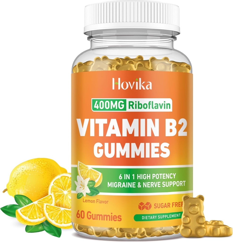 Vitamín B2 Gummy Riboflavín 400mg doplnok pre mužov a ženy - čistý horčík, Ashwagandha, CoQ10, Omega 3, vitamín B12 - úľava a energia migrény, podpora nervového systému - bez cukru, 60 grófov