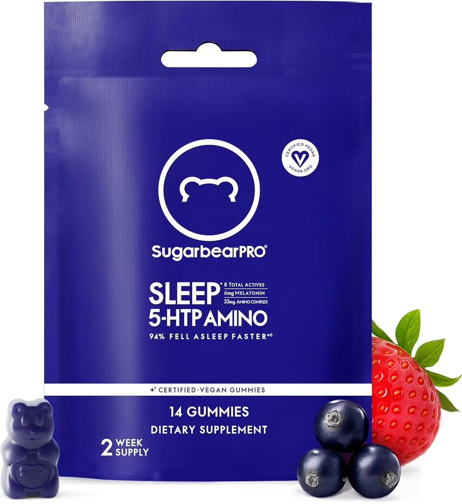 SugarBearPro Sleep Gummy 14 Day Supply, Extra Strength Melatonin 6mg, for Men & Women, Vegan Vitamin B6, L- Theanine, 5 HTP, Valerian, Sleep Aid for Adult for Adults & Teens, Certified Kosher