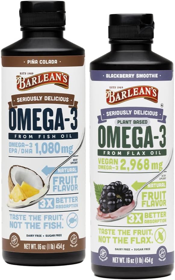 Barlean's Omega 3 Liquid Supplement Bundle, BlackBerry Smoothie Ľanový olej a Piña Colada Fish Oil Supplements Set, 16 oz