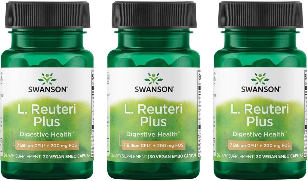 Swanson L. Reuteri Probiotic Plus w/L. Rhamnosus L. Acidophilus & FOS Prebiotic Digestive Support - Promotes Gut Health w/ 7 Billion CFU per Capsule - (30 Veggie Capsules) (3 Pack)