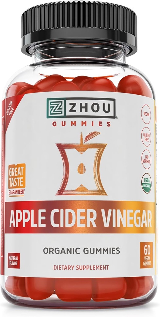 Zhou Apple Cider Vinegar Gummies - ACV Gummies for Women and Men with Elderberry, Delicious Taste with Raw Cane Sugar, USDA Organic - 60 Vegan Gummies
