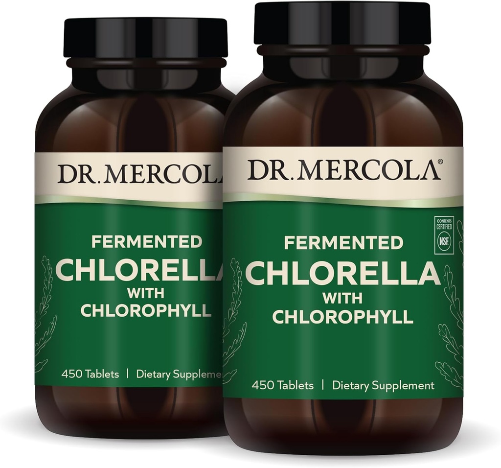 Dr. Mercola Fermentovaná Chlórella s chlorofylom, 90 Servisov (450 tabliet), 2 fľaše, Dietary Supplement, Supports Immune and Organ Health, Non GMO, NSF Certified