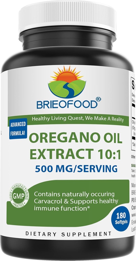 Brieofood Oregano Oil 10:1 Extract 500 mg per Serving - Obsahuje prirodzene obstaranie Carvatrol - Zdravé imunitné funkcie - 180 Softgels