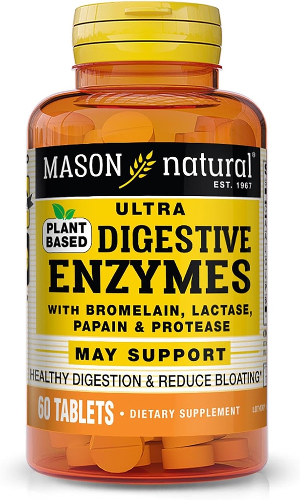 Mason Natural Plant-Based Ultra Digestive Enzymes, s Hypromelain, Laktáza a Papain, podporuje Digestion & Bloating Relief, 60 Kapsule, Balenie 3