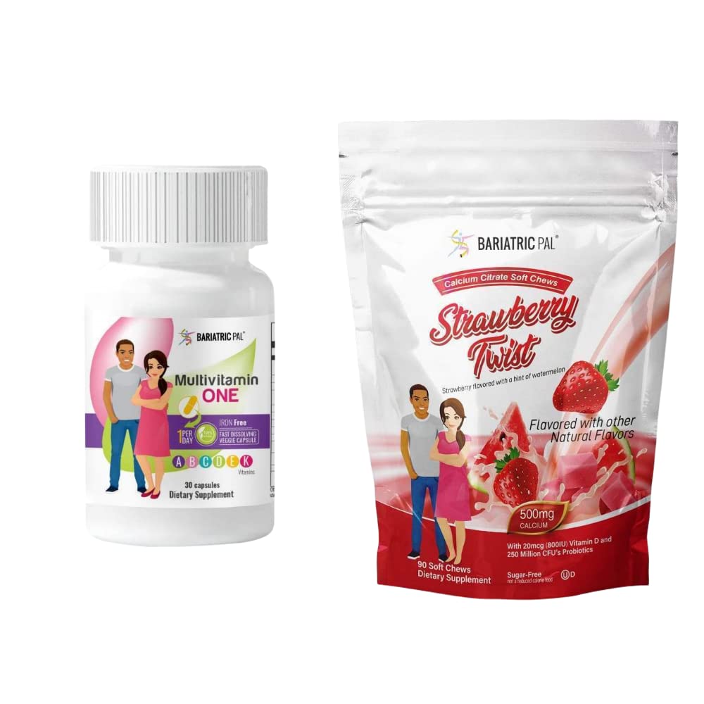 BariatricPal 30-Day Bariatric Vitamin Bundle (Multivitamin ONE 1 per Day! Iron-Free Capsule and Calcium Citrate Soft Chews 500mg with Probiotics - Strawberry Twist)