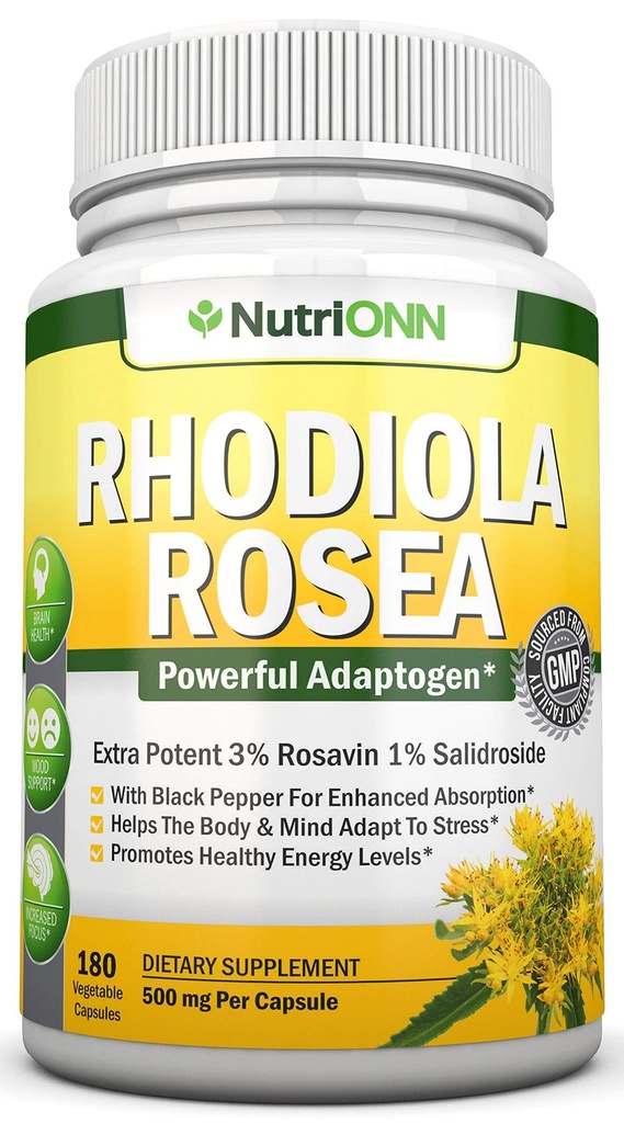 Rhodiola Rosea - 500mg - 180 Vegan Kapsule - 3% Rosavin 1% Salidroside Extract - Non-GMO - s Black Pepper pre zvýšenú absorpciu - 6 mesiacov dodávky - doplnok pre energiu a vytrvalosť