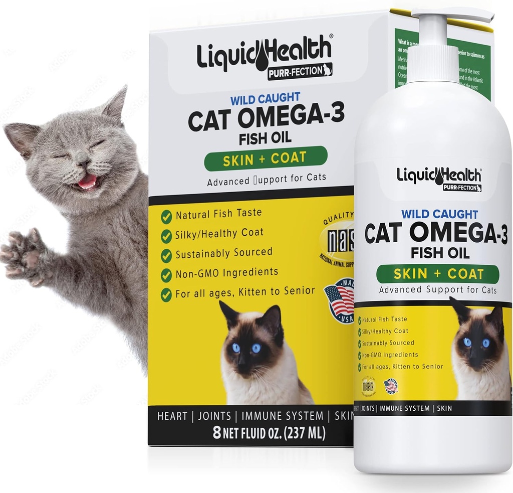 Liquid Health Domáce zvieratá Wild Caught Omega 3 Rybí olej pre mačky - Liquid Omega 3 Dodatok pre mačky s EPA+DPA+DHA - Znížiť svrbenie, Podpora kĺb, Imunita, mozog, zdravie srdca - Vyrobené v USA (8 oz)