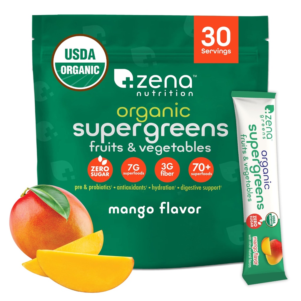 Zena Nutrition Organic Super Greens Powder, 70+ Superfoods, 0 Cukor, 3G Fiber, Spirulina, Chlorella, Huby, Prebiotiká/Probiotiká, Tráviace enzýmy pre zdravie Gut, Mango, 30 Nápojové zmesi