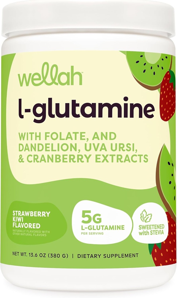 Wellah L-Glutamine prášok Jahodový Kiwi (50 Servings) - 5g L-Glutamine na porciu, sladené s Stevia
