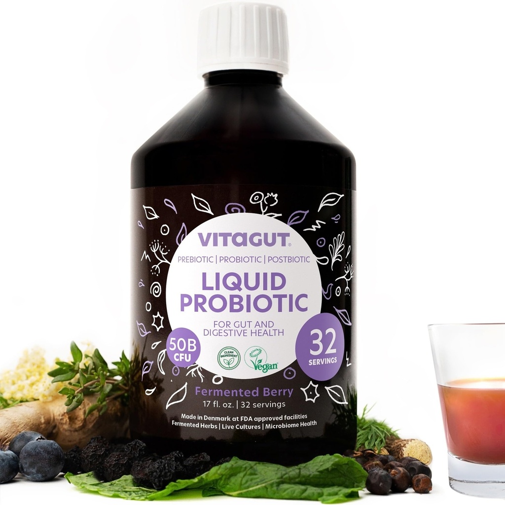 VITAGUT Tekuté probiotiká, prebiotiká a postbiotiká 3-v-1 organické, živé probiotiká pre ženy a mužov - probiotiká pre trávne zdravie, 50 miliárd JTK, 19 fermentovaných bylín, veganské probiotiká pre zdravie Gut