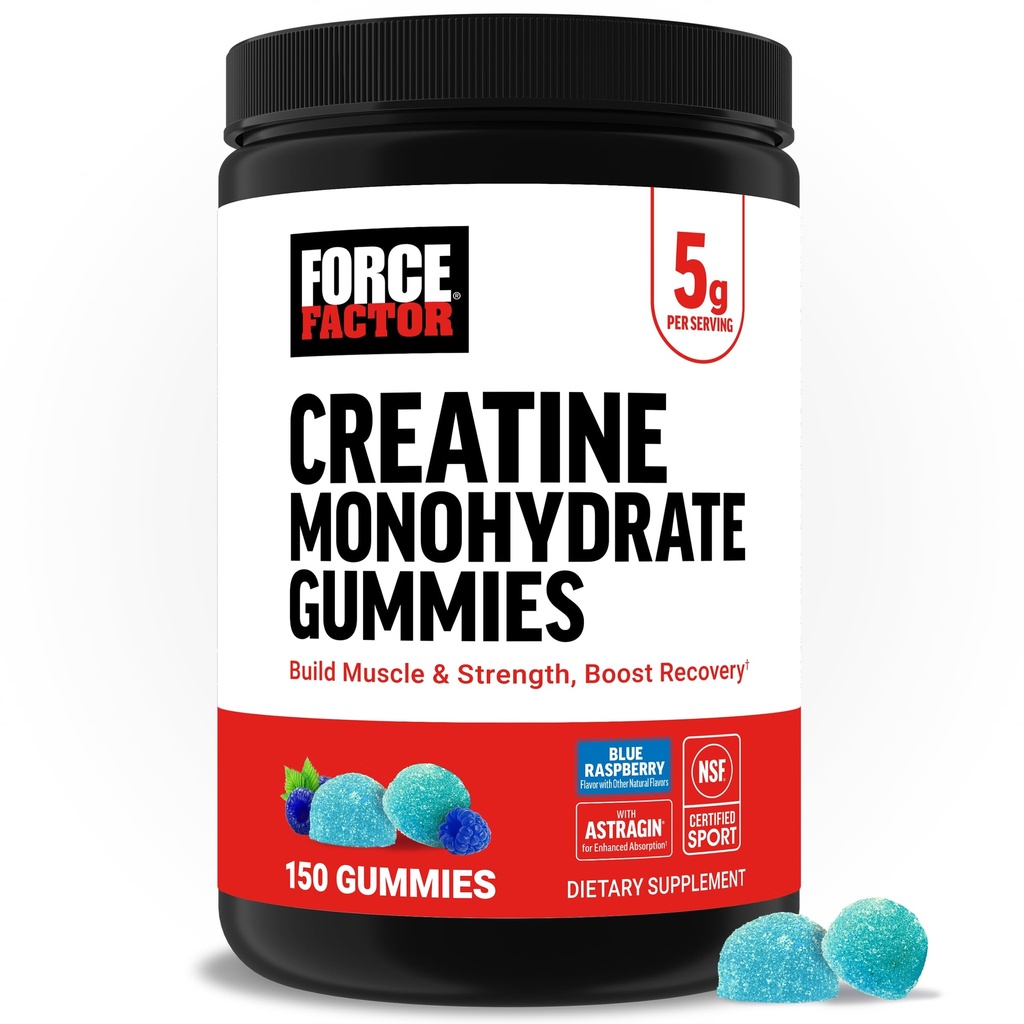 Silový faktor monohydrát kreatín Gumies, NSF Certified, 5g Dávka pre mužov a ženy na podporu svalovej hmoty, sila, zotavenie, kognitívne zdravie a pamäť, balenie môže Vary, modrá malina, 150 Gummies