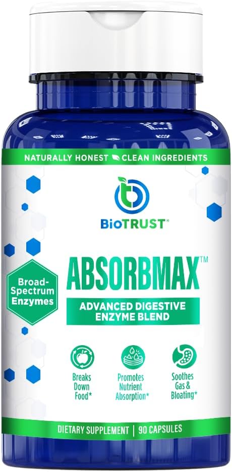 BioTrust AbsorbMax Broad Spectrum Digestive Enzyme Blend, Gluten Free, Non GMO, Tráviaca podpora pre výživu, Absorpcia a pravidelné trávenie Discomfort a Bloating