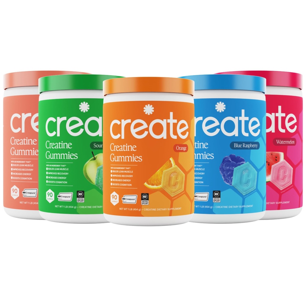 Creatin monohydrate Gummies - High Five Bundle - Kyslá broskyňa, Kyslé jablko, melón, modrá malina a pomaranč - Kreatín Gummy pre ženy a mužov, NSF Certified, 3. strana testované, (5-Pack)