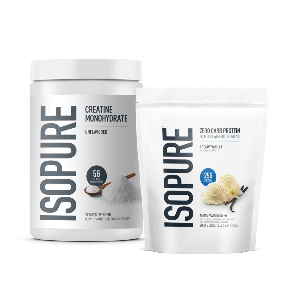 Isopure Bundle of Zero Carb 100% Pure Wheey Isolát Protein Powder, Creame Vanilla, 25g Protein per Serving, 1 Lb, 14 Servings + Isopure 100% Pure Creatin Monohydrate Powder, 100 Servings