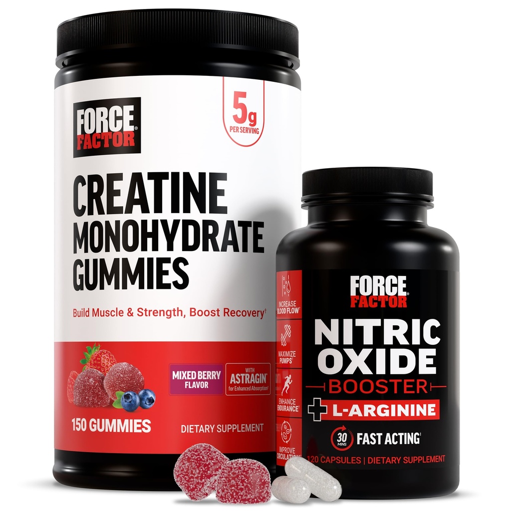 Force Factor Creatin Gummies, 5 Grams Creatin Monohydrate, Mixed Berry, 150 Gummies, 30 Servings Nitric Oxide Booster, Fast-Acting Formula s L-Arginín, 120 Kapsule