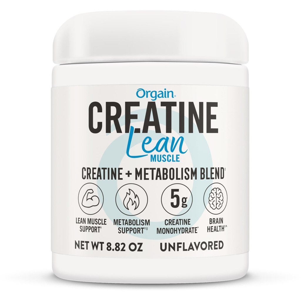 Orgain Micronized Creatin Monohydrate Lean Muscle Powder with Metabolic Blend, Unflaved, 50 Servings, Podporuje svalovú silu a zdravie mozgu, Žiadne mliečne alebo sójové, Gluten Free, Vegan