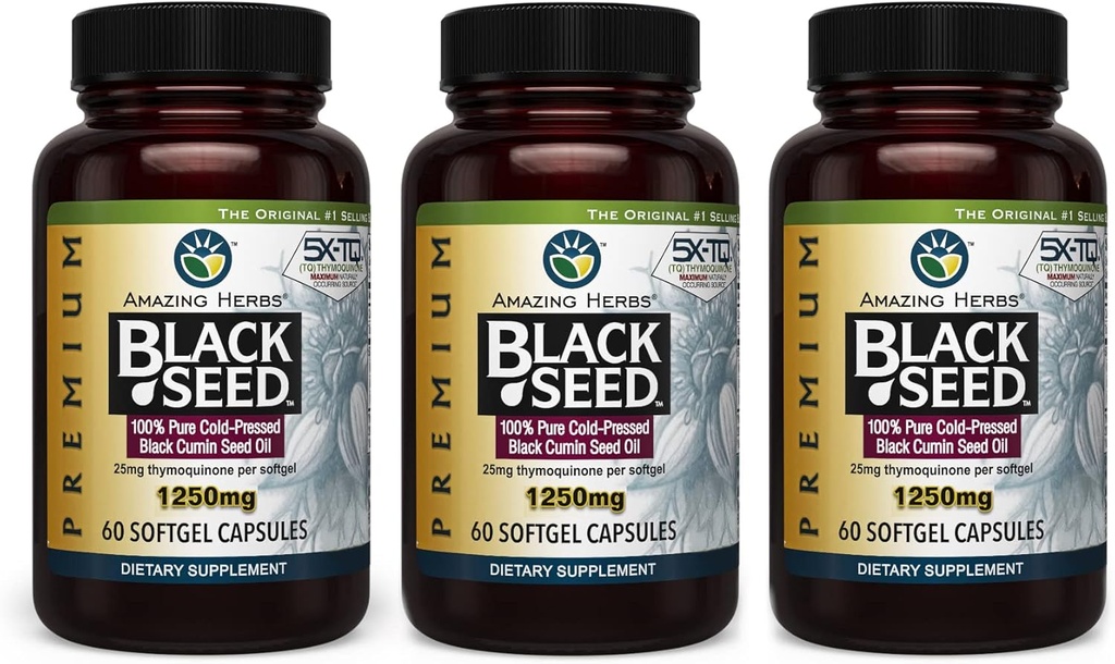 Amazing byliny Premium Black Seed Oil Capsules - Vysoká potencie, Cold Pressed Nigella Sativa Aids in Digestive Health, Immune Support & Brain Function - 60 gróf, 1250mg (Pack of 3)