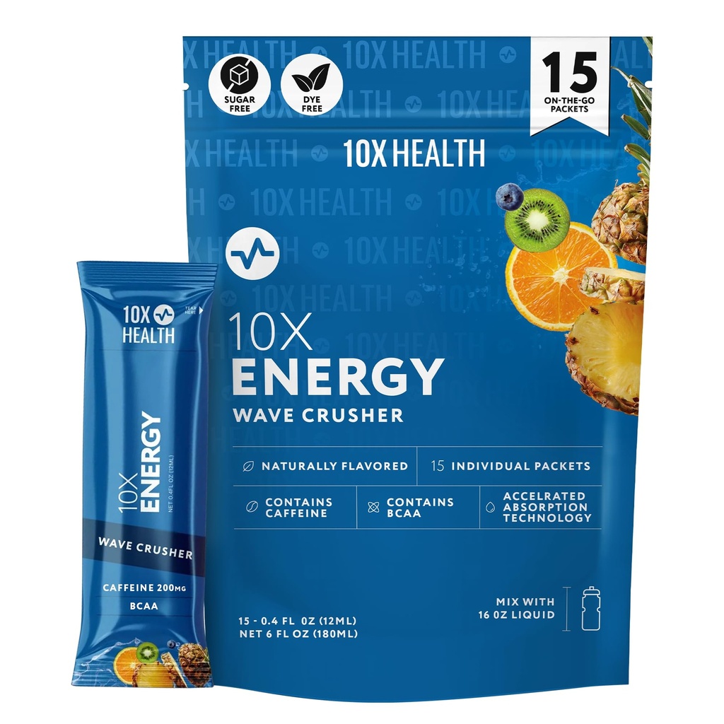 10X Health - Energy Wave Crusher - Energy Drink with 200mg Caffeine, BCAAs, B Vitamíny, zrýchlená absorpcia - Tropical Punch pre-Workout Drink - 15 Drink Mix pakety (Wave Crusher - Energy)