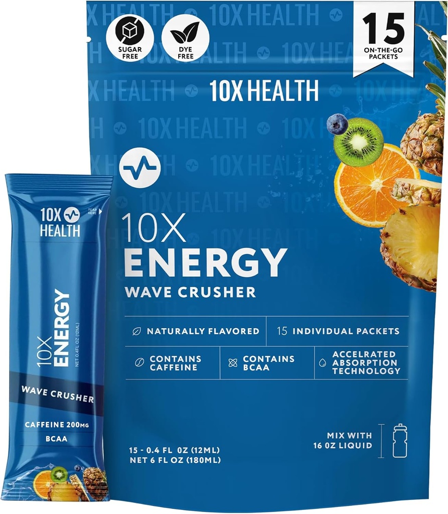 10X Health - Energy Wave Crusher - Energy Drink with 200mg Caffeine, BCAAs, B Vitamíny, zrýchlená absorpcia - Tropical Punch pre-Workout Drink - 15 Drink Mix pakety (Wave Crusher - Energy)