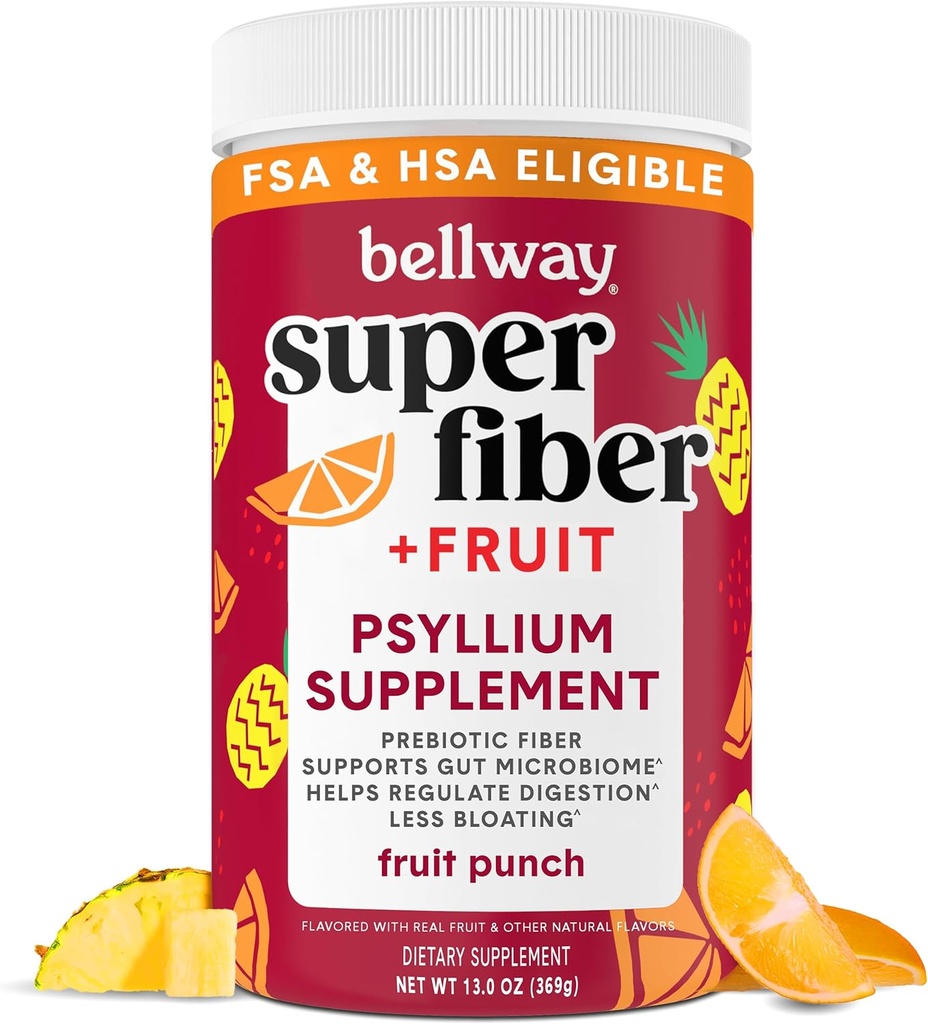 Bellway Super Fiber Powder + Ovocie, bez cukru Organic Psyllium Husk prášok Fiber Supplement for Regularity, Bloating Relief & Gastive Health, Plant-Based, Fruit Punch (50 Servings)