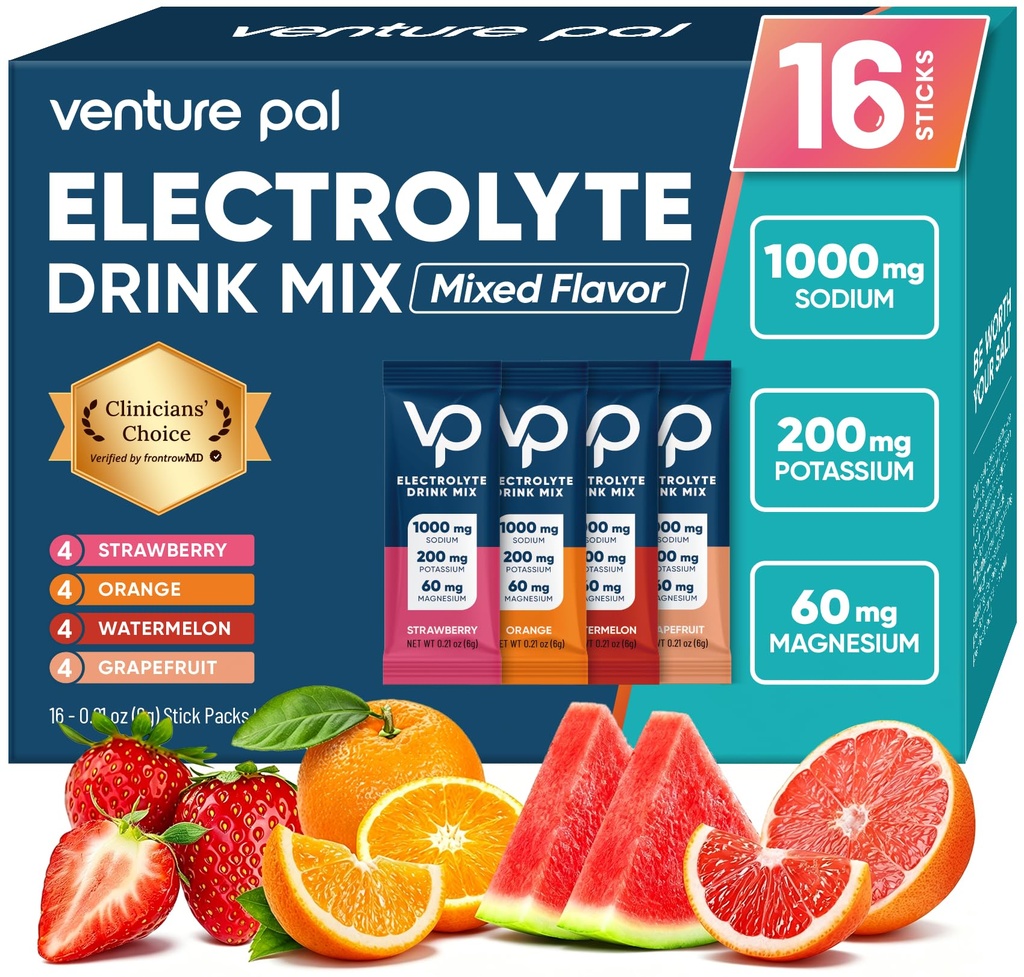 Venture Pal High Sodium Sugar Free Electrolytes Powder Packet - Hydration Packets with Vitamin, Sodium & Potassium | Zero Calories | Vegan, Keto & Paleo Friendly Electrolyte Drink Mix - 16 Sticks