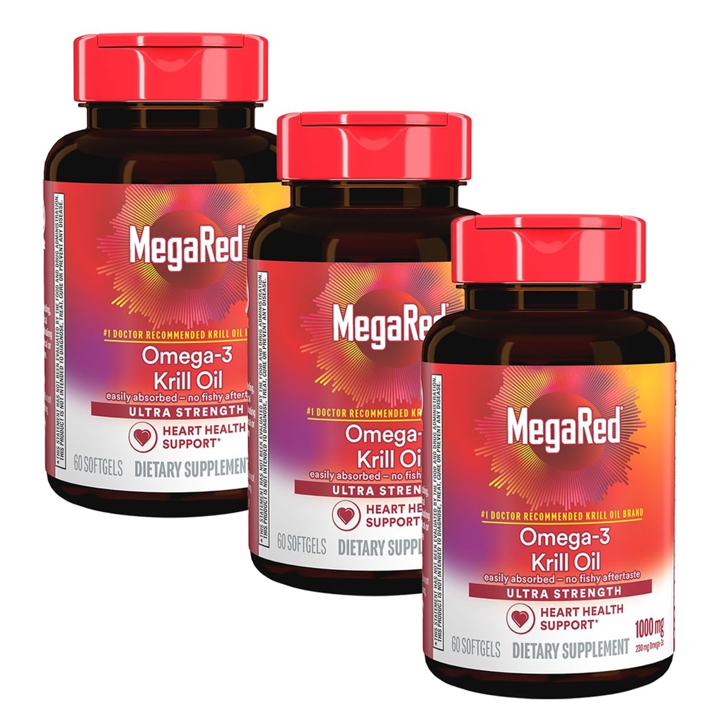 MegaRed Ultra Strength 1000mg Omega-3 Krill Oil Supplement with EPA/DHA, Astaxantín & Fosfolipidy, Žiadny rybí olej dochuť podporuje srdce, mozog, kĺb a zdravie očí, 60 gróf softgels (3 balenie)