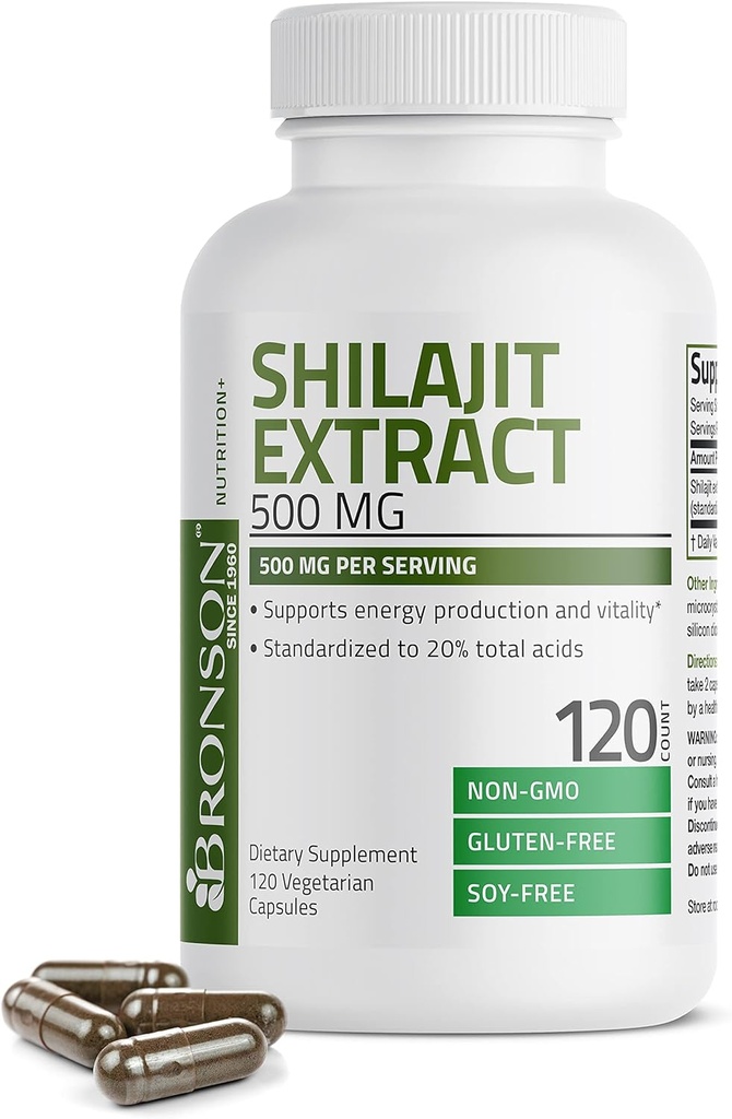 Bronson Shilajit Extract 500 MG Per Serving, podporuje výrobu energie a vitality, Štandardizovaný na 20% celkové kyseliny, non-GMO, 120 Vegetariánske kapsule