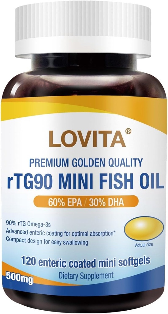 Lovita rTG 90 Mini Fish Oil, 2000mg Daily| High Absorption rTG Form, 90% Omega-3 | Burpless, Easy to Swallow | Support Healthy Heart, Brain and Eyes | 120 Enteric-Coated Softgels