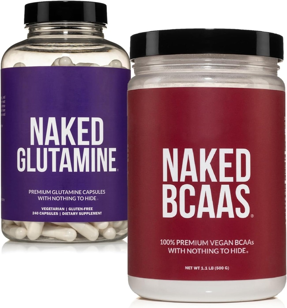 NAKED Neochutené BCAA 100 Stravami + Pure L-Glutamine 240 Kapsule Bundle: Non-GMO, Gluten Free, svalové zotavenie, nič umelé