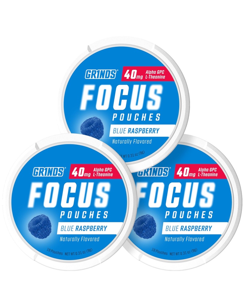 GRINDS Focus Pouches - Prirodzene ochutené s nootropnými zložkami - obsahuje Alpha GPC a L-Theanine, bez cukru - 3 balenie, 18 Puchy na plechovku - Modrá malina