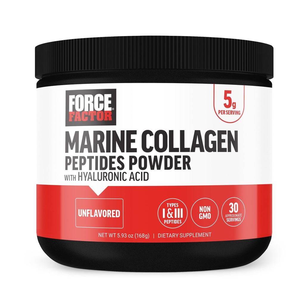 FORCE FACTOR Marine Collagen Powder for Women and Men, Marine Collagen Peptides Typ I & III s kyselinou hyalurónovou na podporu zdravé vlasy, koža, nechty, kosti, a kĺby, bez príchute, 30 Servisov