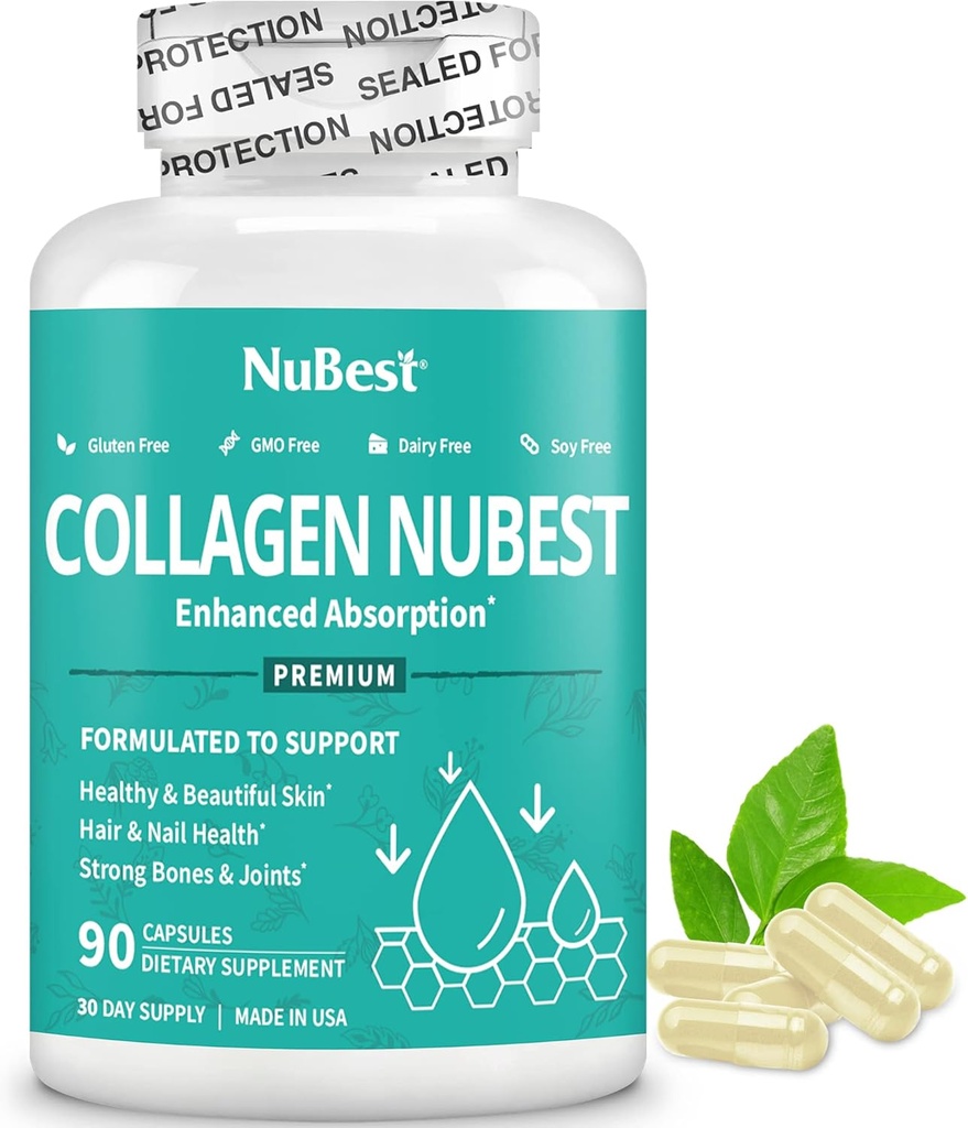 NuBest Collagen Super Collagen Peptides - Revitalizes Skin, Hair & Nails - Bone & Joint Strength - Beauty Collagen Formula for Men & Women - 1,500 mg Per Serving | 90 Capsules