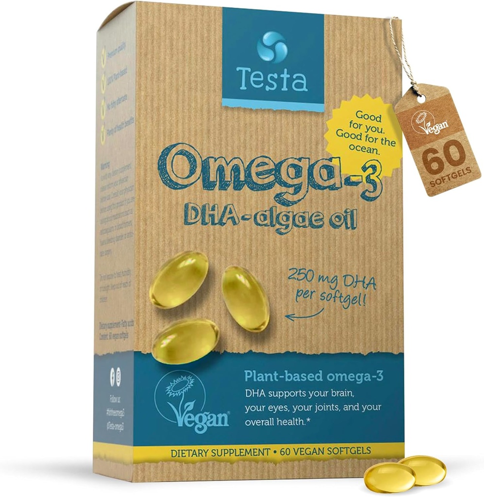 Testa Omega 3 doplnok - 250mg DHA z Algae Oil - Vegan Omega 3 - Podporuje mozog, oko a spoločné zdravie - Nie z rýb, Pure Algae kapsule - Dva mesiace dodávky