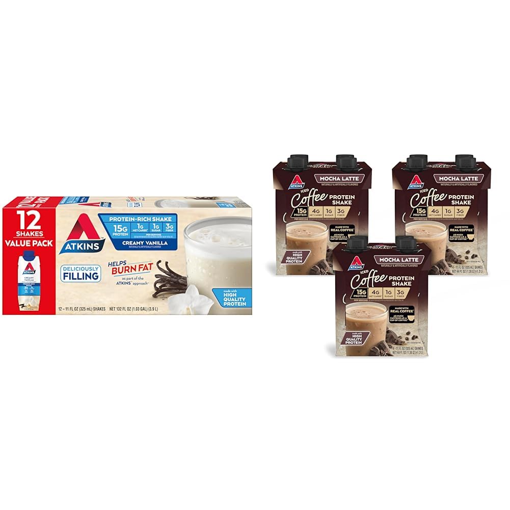 Atkins krémová Vanilkový proteín Shake, 15g Bielkoviny, nízka glycemic, 2g Net Carb, 1g Cukor, Keto Friendly, 12 Count & Mocha Latte Iced Coffee Protein Shake, 15g Protein, Low Glycemic, 4g Net Carb, 1g Cukor
