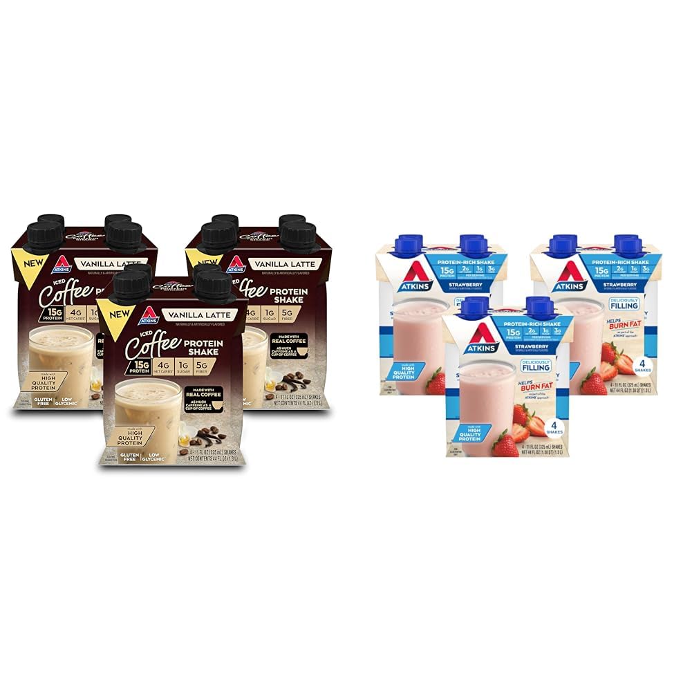 Atkins Iced Coffee Vanilla Latte Protein Shake, 15g Protein & Jahodový proteín Shake, 15g Protein, Low Glycemic, 2g Net Carb, 1g Cukor, Keto Friendly, 12