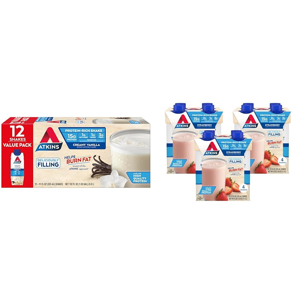 Atkins krémová Vanilkový proteín Shake, 15g Protein, Nízka glycemic, 2g Net Carb, 1g Cukor, Keto Friendly & Strawberry Protein Shake, 15g Protein, Low Glycemic, 2g Net Carb, 1g Cukor, 12ct