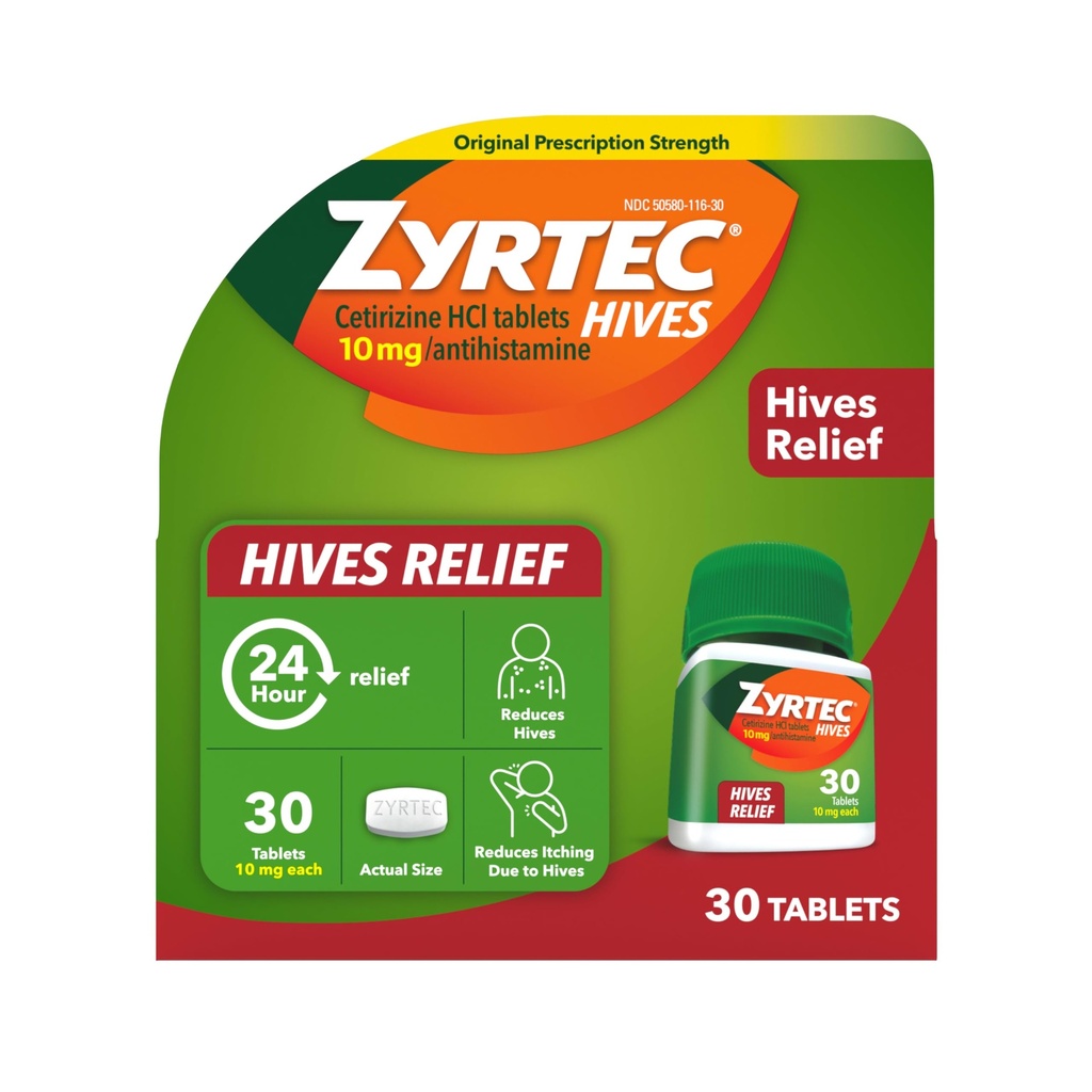 Zyrtec 24 Hives Relief tablety, 10 mg Cetirizín HCl Tablety na pomoc znížiť Žihľavka a znížiť svrbenie Vzhľadom na Žihľavky, Antihistaminiká Tablety na zmiernenie svrbenia a liečbu žihľavky, 30 ot