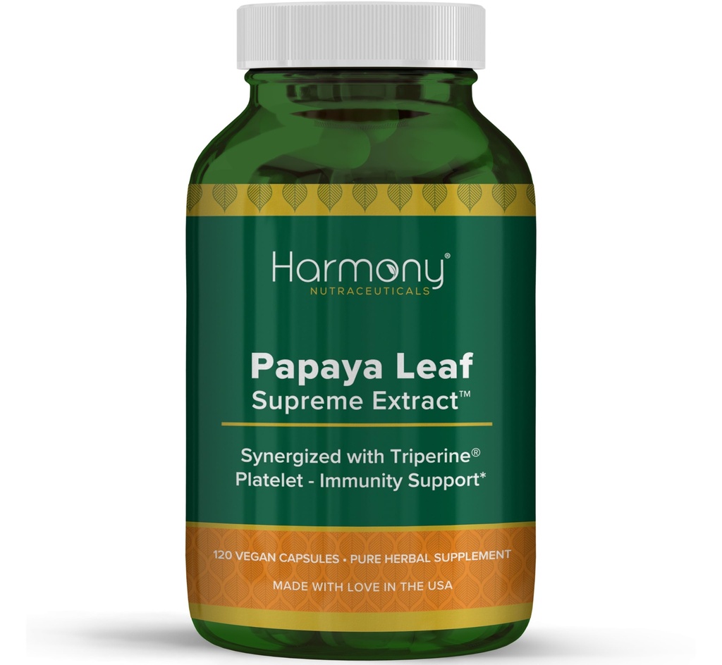 Harmony Nutraceuticals Papaya Leaf Supreme Extract Highest Potency Maximum Bioaktivity Organic Dr Gumman klinická trieda 120 Vegan Kapsule Synergized s Triperine