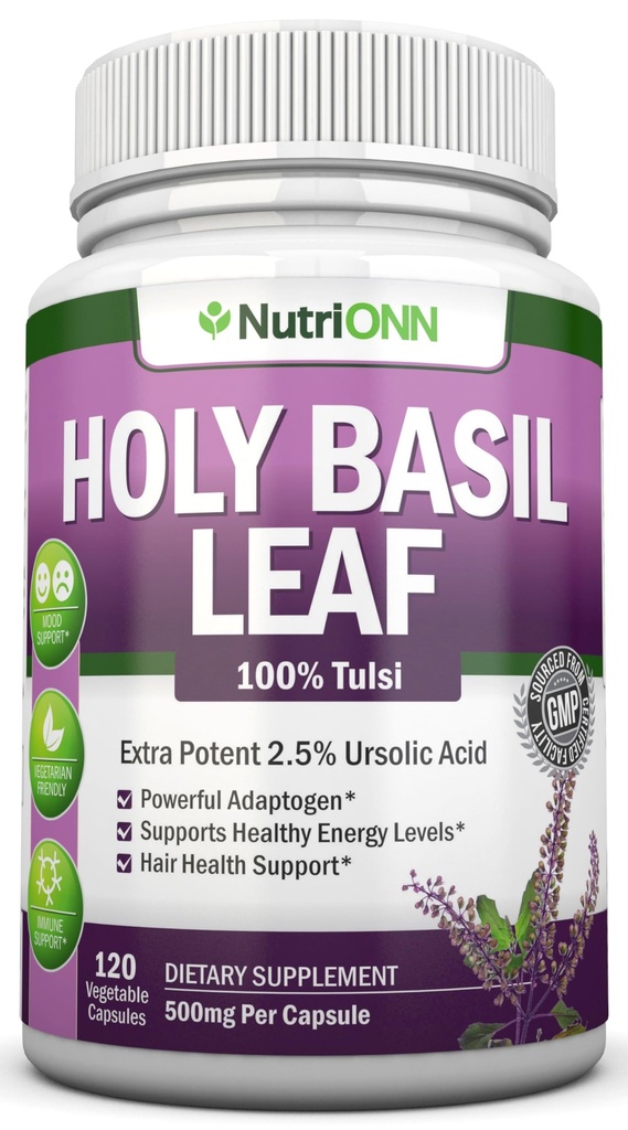 Svätá bazalka Leaf Kapsule - 500mg - 2,5% kyseliny urzolovej - 120 Vegan Kapsule - Real Tulsi Extract Supplement - Positive Mindset - Adaptogenic & Ayurvedic Herb