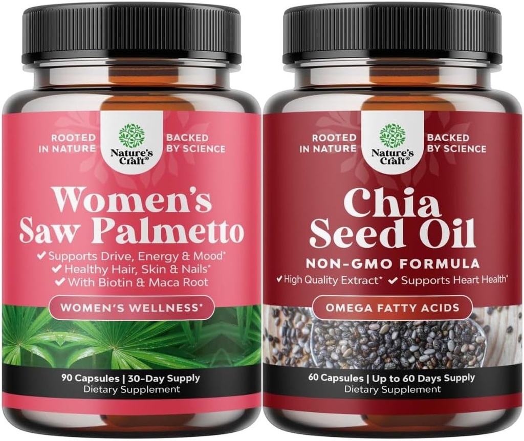 Bundle of Extra Strength Saw Palmetto for Women and Chia Seed Oil Extract Capsules - Silnejšie silnejšie rýchlejšie rast vlasov Vitamíny - Rastlinné na báze Omega 3 6 9 Supplement and Daily Fiber Capsules