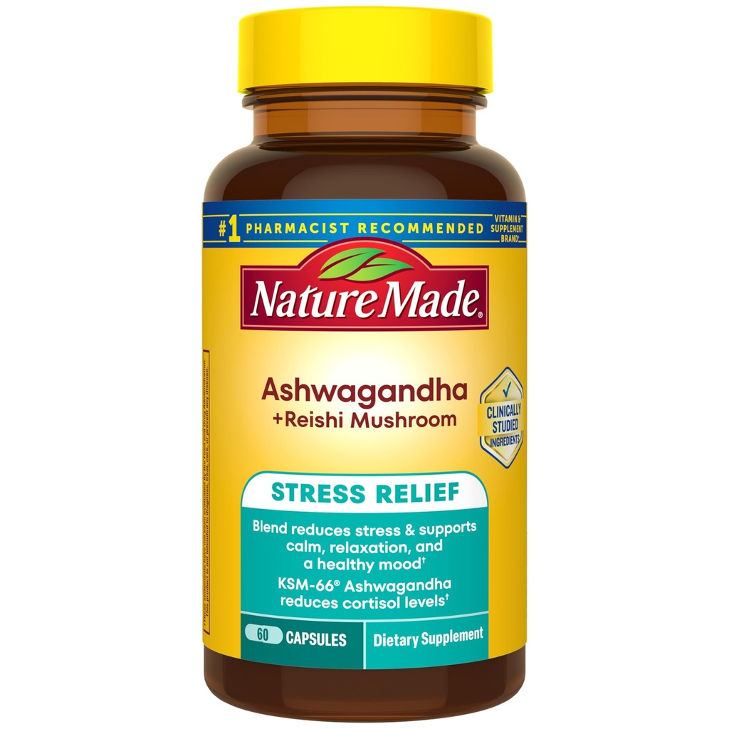 Nature Made Ashwagandha KSM 66 + Reishi Mushroom Capsules, Stress Relief Blend Ashwagandha and Mushroom Supplement, 60 Capsules, 30 Day Supply