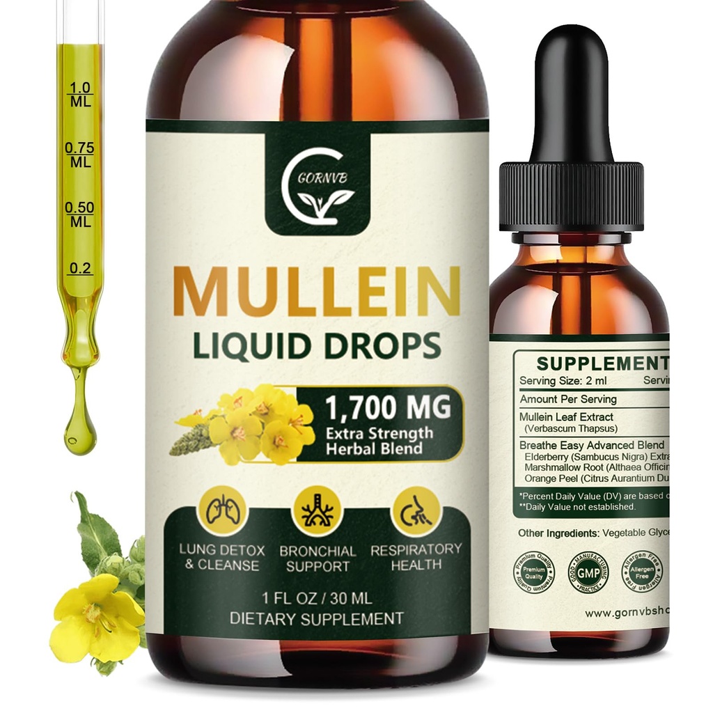 (2 balenia) Mullein kvapky pre Pľúca - Pľúca Čistenie a podporu dýchania, Výkonný 4 v 1 Mullein Leaf extrakt s bazami, marshmallow koreň a pomarančový kôl pre Bronchial Podpora, 1 Fl Oz