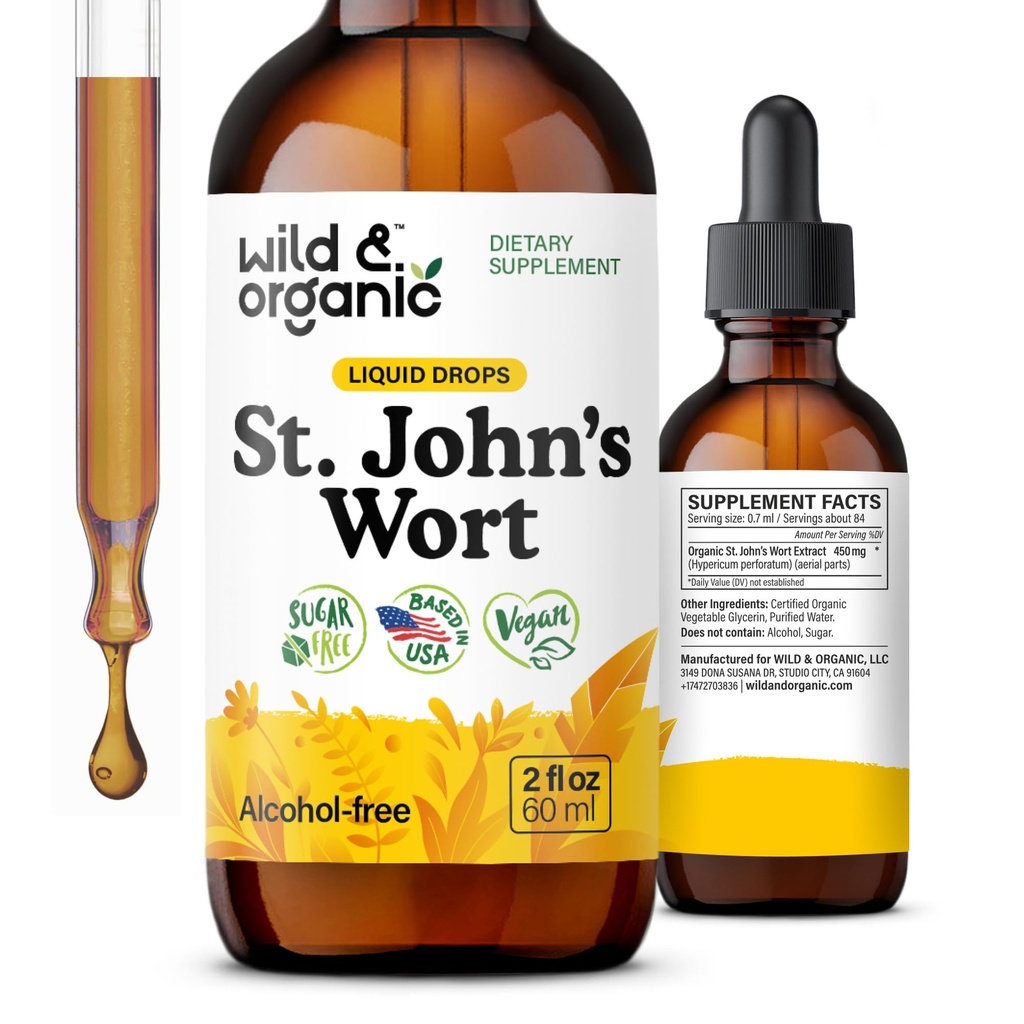 Wild & Organic St Johns Wort Tinture - Mood Support - Relaxačné St. John's World Supplement - Tekuté Hypericum Perforatum Herb kvapky - Vegan, Cukor a alkohol - 2 fl oz