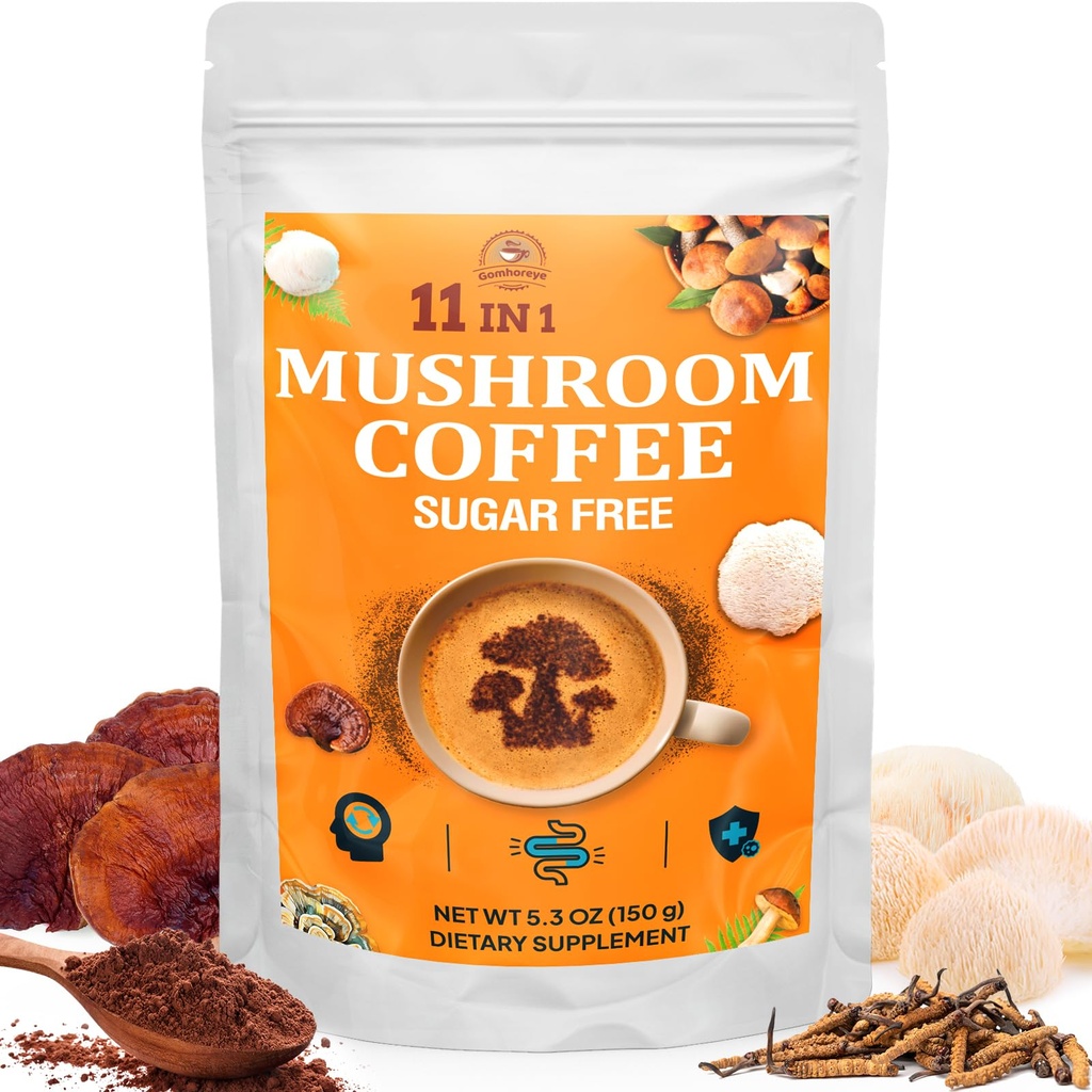 Hubová káva - Hubová káva Organická s 11 superpotravínovými hubami, zahŕňa Lion's Mane, Reishi, Chaga, Cordyceps a adaptogény, Mushrom Supplement for Energy, Focus, Memory and Imunity - 5.3oz