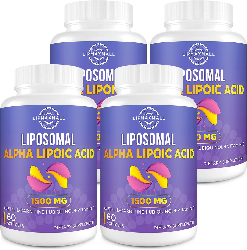 Lipozomálna Alpha Kyselina lipoová 1500 mg - s Acetyl-L-karnitín 900 mg & Ubichinol 100 mg & vitamín E 15 mg, ALA doplnok pre antioxidanty Glukóza Metabolizmus Nervová energia, 60 Softgels (4 fľaše)