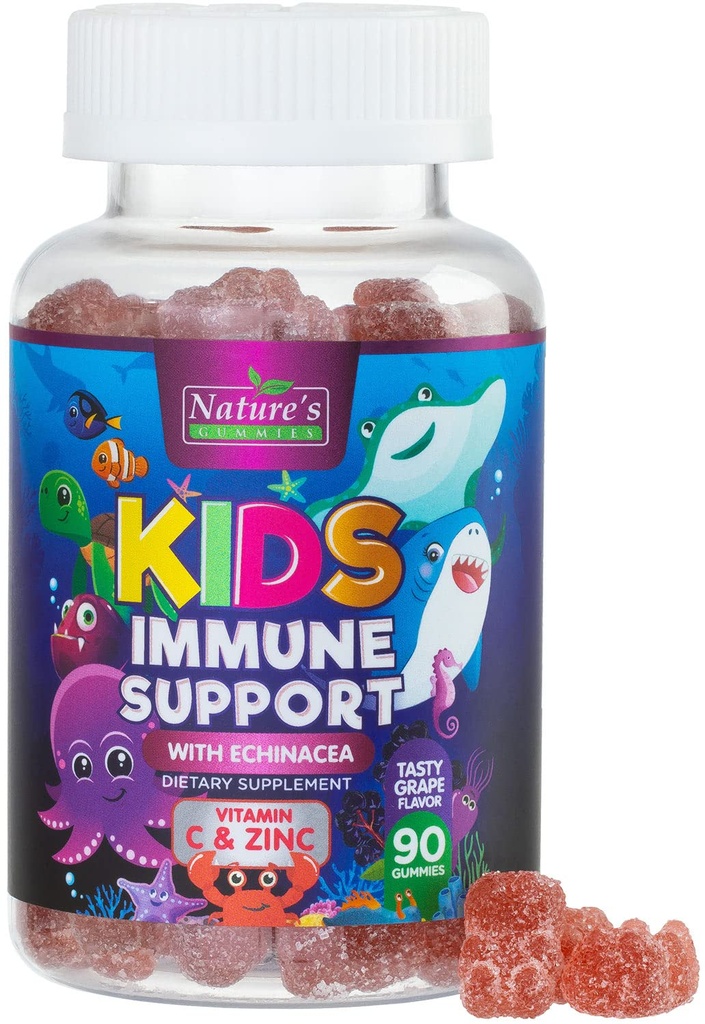 Deti Imunitná podpora Supplement Gummies - Denné deti Vitamíny C, Zinok a Echinacea - Gumička pre deti Imunita Podpora, Vek 4 a hore, Prírodné Berry Flavor, Non-GMO, Gluten-Free & Vegan - 90 Gummies