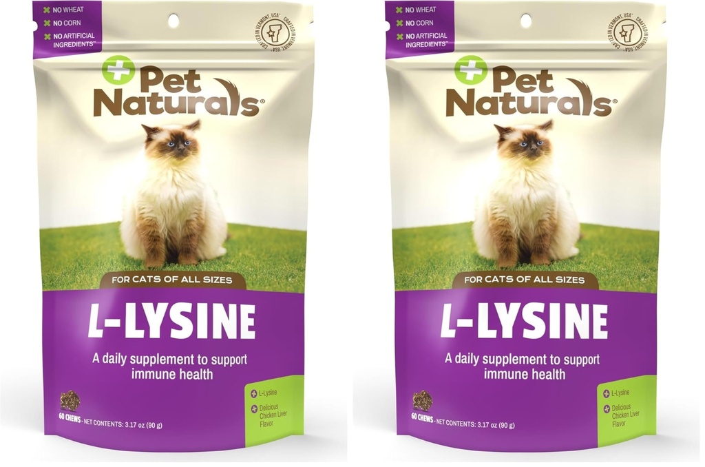 Pet Naturals Lysine for Cats,Chicken Flavor,60 Chews - Immune and Respiratory Support for Cats - No Wheat or Corn - Vet Recommended,(Pack of 2)
