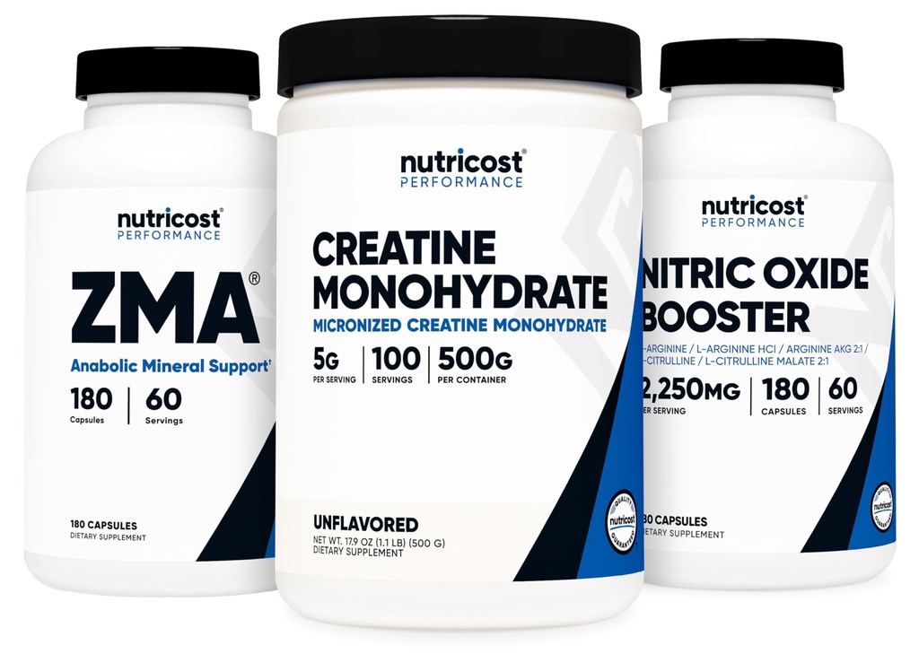 Nutricost Kreatín 500 gramov, Oxid dusnatý 180 kapsúl a ZMA 180 kapsúl Bundle