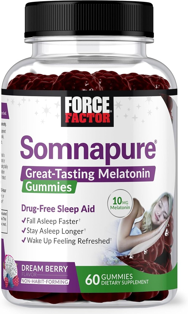 FORCE FACTOR Somnapur Gummy s Melatonin 10 mg pre dospelých, Non-Habit-Forming, Natural Sleep Aid for Deep Sleep, Stay Asleep longer, Wake Up Refreshed, Dream Berry Flavor, 60 gróf (Pack of 1)