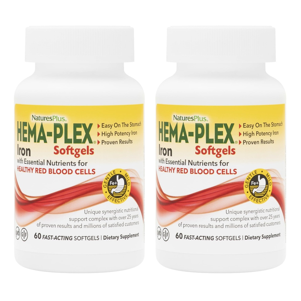 PrírodaPlus Hema-Plex Železo - 60 rýchlo pôsobiacich softgelov - 2 balenia - 85 mg železa + vitamín C a bioflavonoidy pre zdravé červené krvinky - Vegan, bez lepidla - 40 Celkové služby